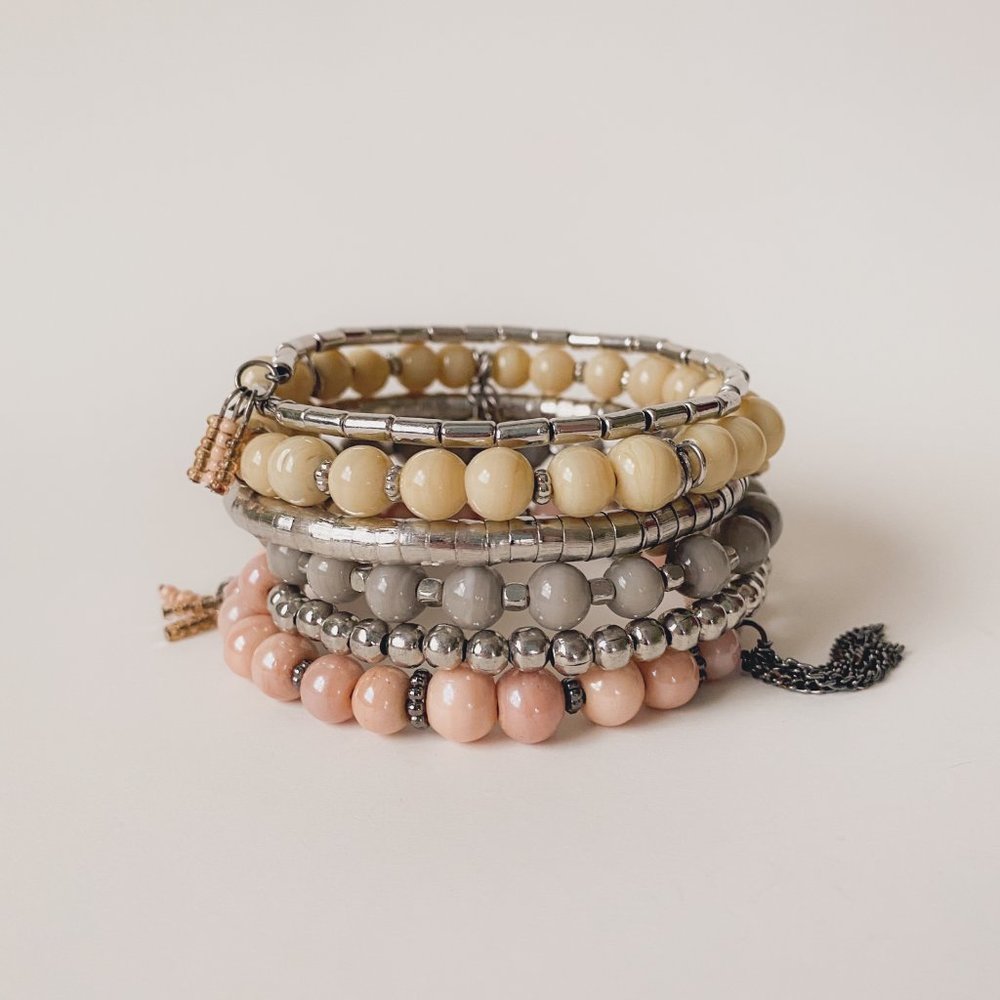 Boho Pastel Glass Beaded Silver Pink Tan Grey Wide Wrap Coil Statement Bracelet